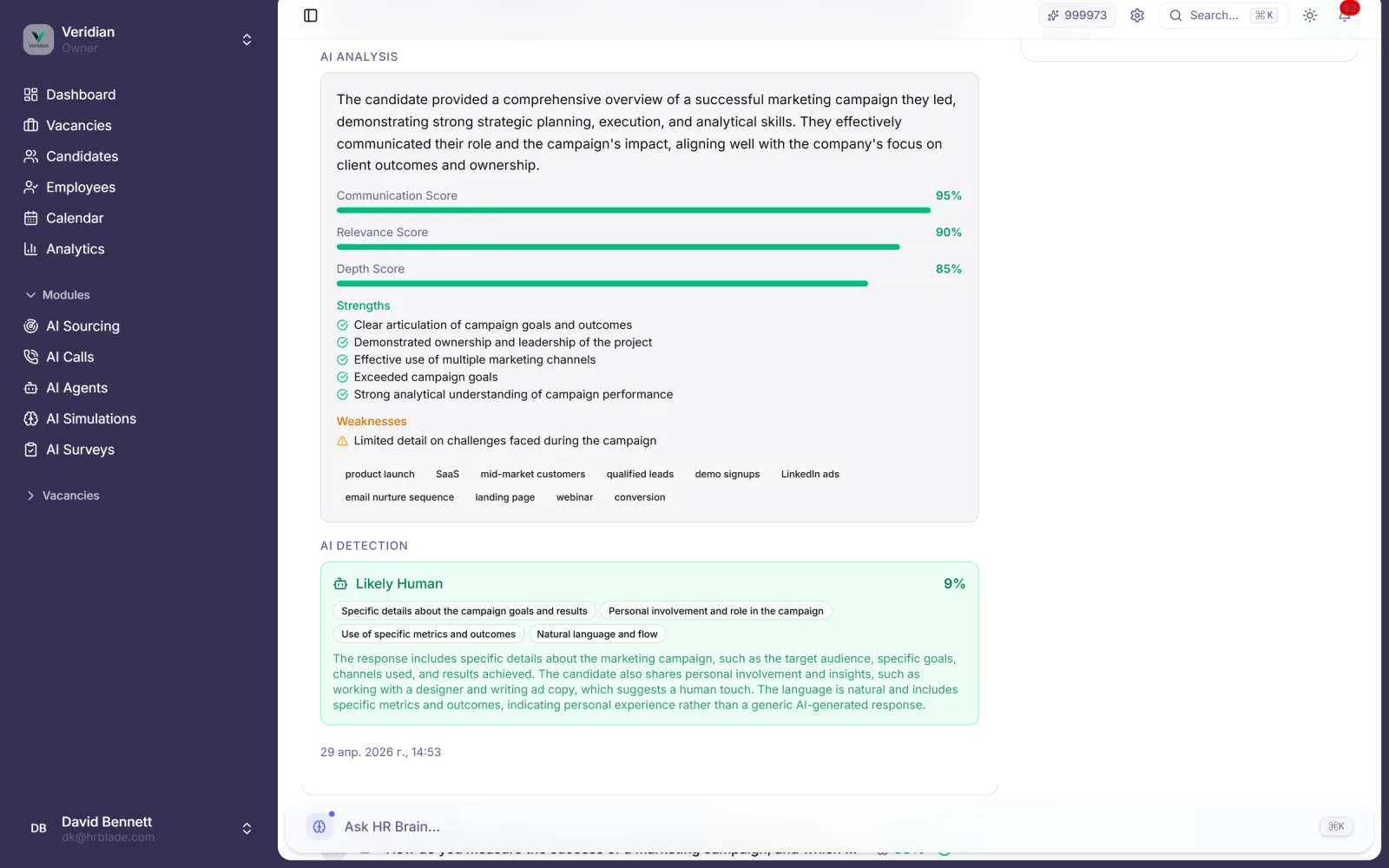 AI candidate analysis: per-question scoring, communication and technical signals, anti-cheat indicators, recommended next step