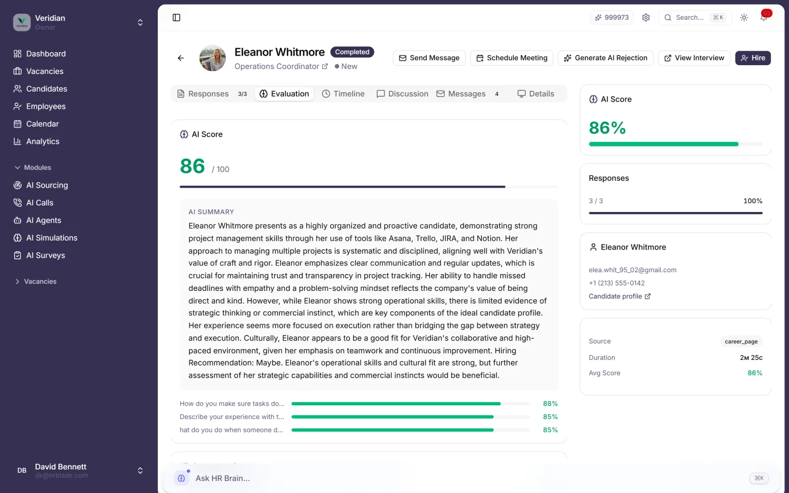 AI summary card: top three strengths, two concerns, fit-to-role percentage and a one-line hire/no-hire recommendation