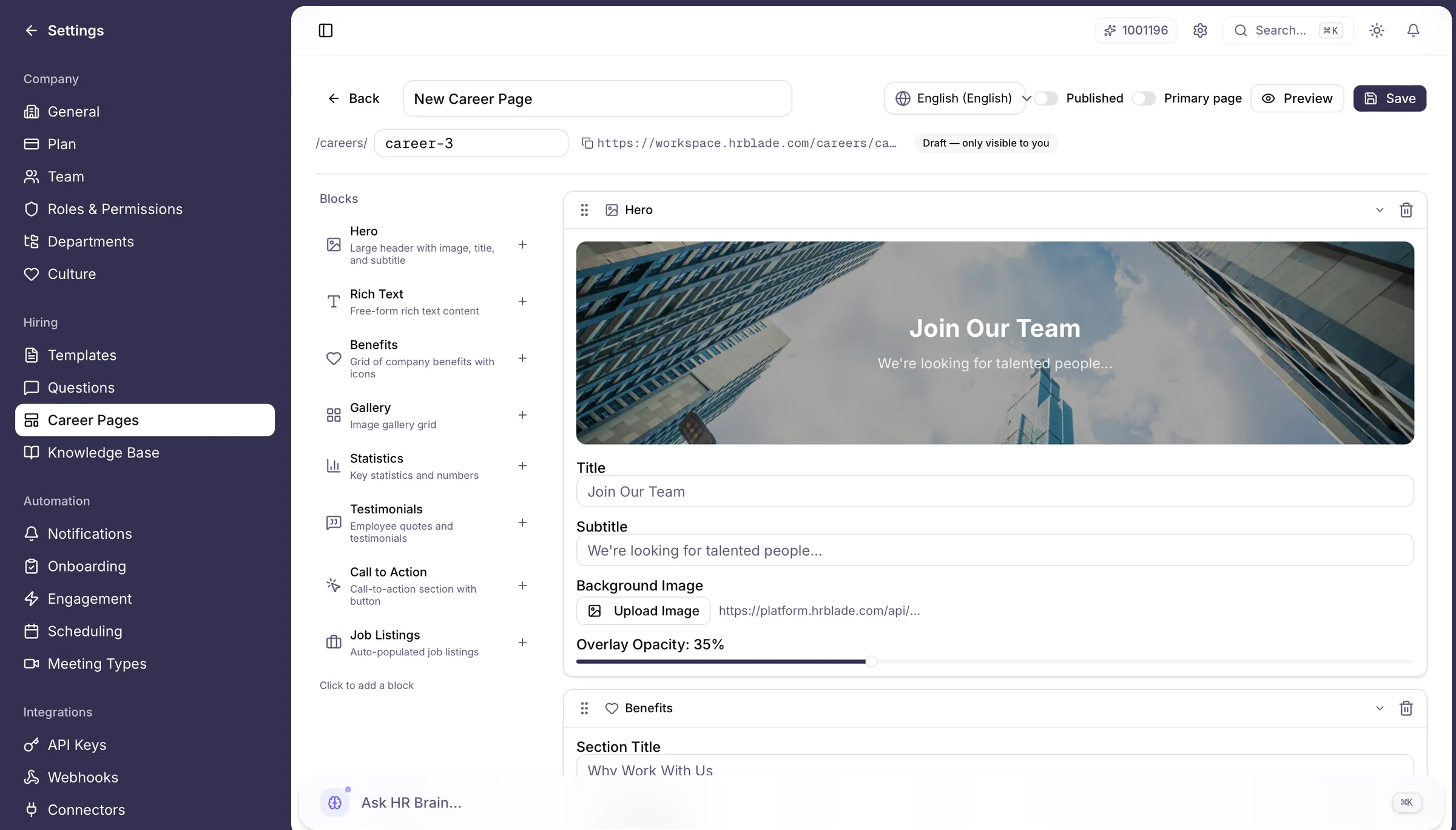 Branded career page builder: company hero, open roles grid, custom colors and logo, one-click apply for candidates