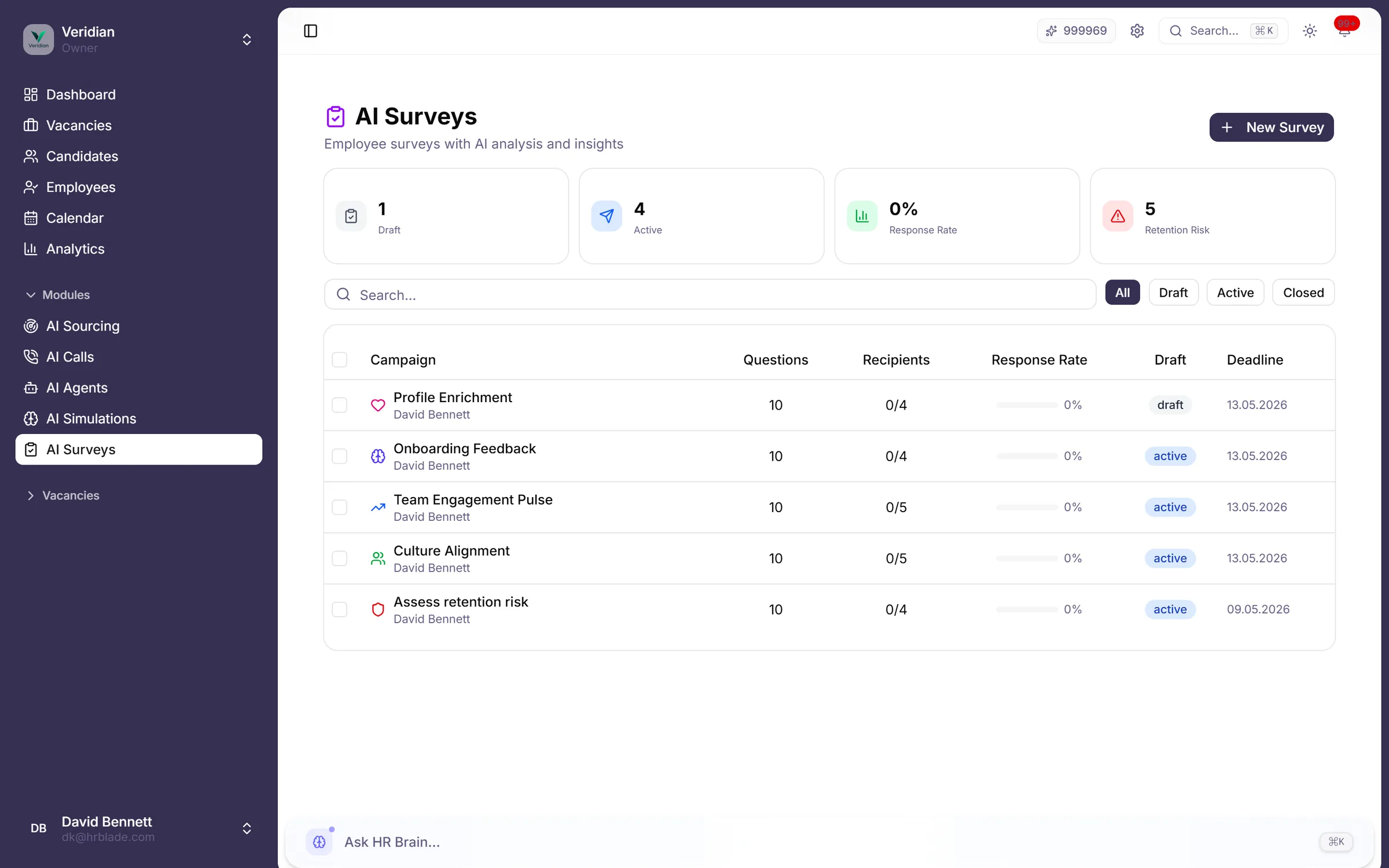 Survey builder: pulse, eNPS, exit and 30/60/90 templates with branching logic and AI sentiment analysis on free-text responses