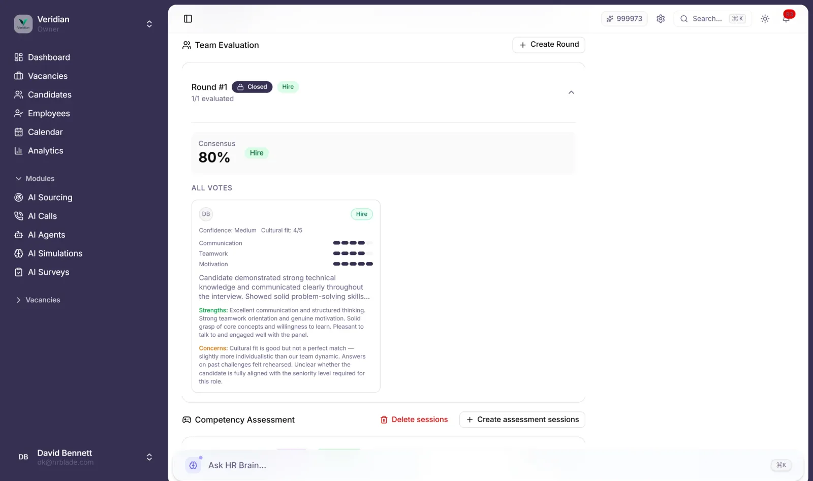 Team evaluation board: collaborative scorecard with multiple evaluators, consensus indicator and variance flagging